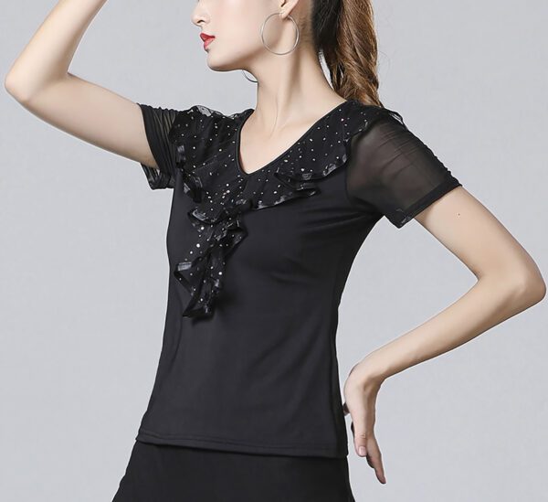 Whitewed Sheer Short Sleeves V Neck Ruffled Top Frilled Decoration Latin Ballroom Dance Top - Image 4