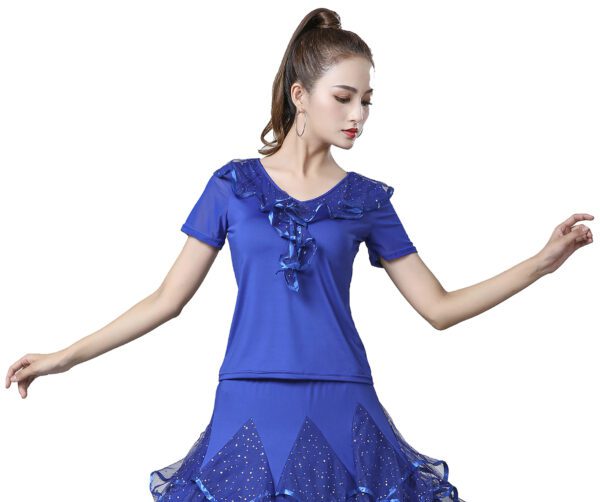 Whitewed Sheer Short Sleeves V Neck Ruffled Top Frilled Decoration Latin Ballroom Dance Top - Image 7