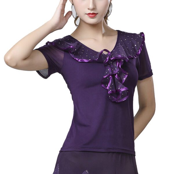 Whitewed Sheer Short Sleeves V Neck Ruffled Top Frilled Decoration Latin Ballroom Dance Top - Image 9