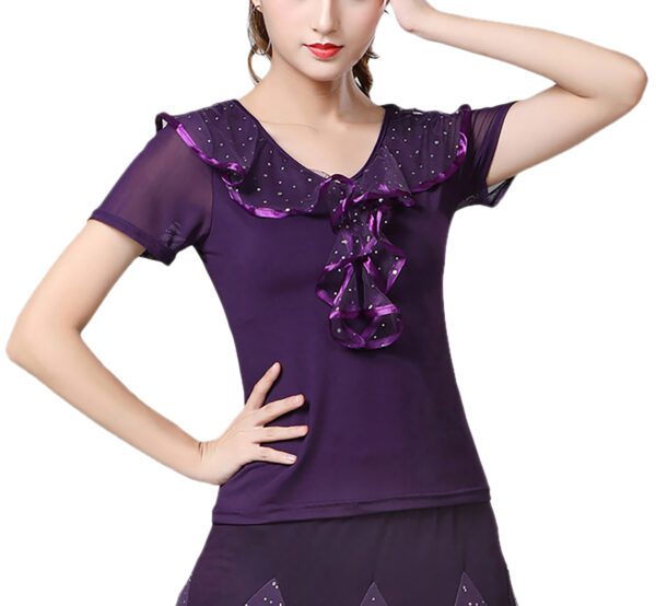 Whitewed Sheer Short Sleeves V Neck Ruffled Top Frilled Decoration Latin Ballroom Dance Top - Image 10