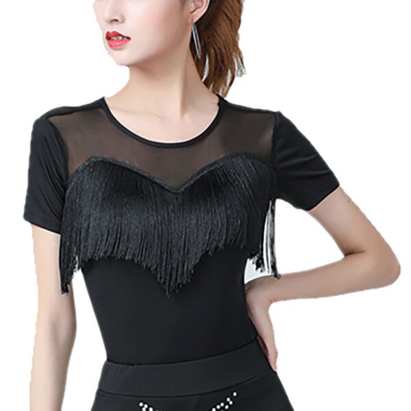 Whitewed Short Sleeve Sweetheart Latin Ballroom Dance Tops Sheer Mesh Yoke Fringed Bustline