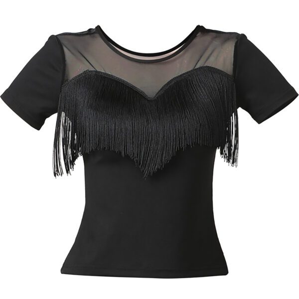 Whitewed Short Sleeve Sweetheart Latin Ballroom Dance Tops Sheer Mesh Yoke Fringed Bustline - Image 4