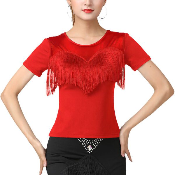 Whitewed Short Sleeve Sweetheart Latin Ballroom Dance Tops Sheer Mesh Yoke Fringed Bustline - Image 5