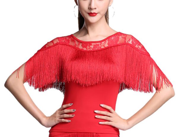 Whitewed Women'S Lace Yoke Boat Neck Fringed Bustline Latin Ballroom Dance Tops Shirt Short Sleeve