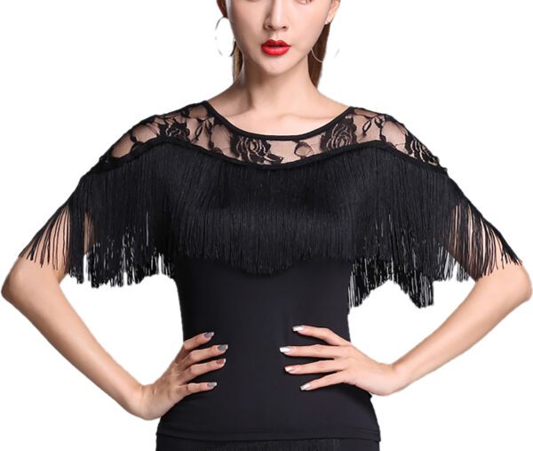 Whitewed Women'S Lace Yoke Boat Neck Fringed Bustline Latin Ballroom Dance Tops Shirt Short Sleeve - Image 2