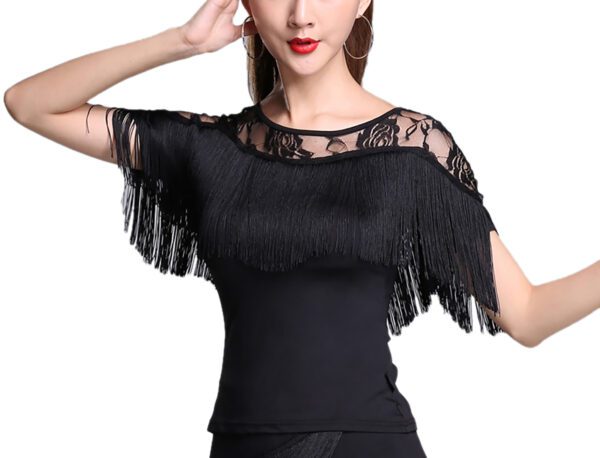 Whitewed Women'S Lace Yoke Boat Neck Fringed Bustline Latin Ballroom Dance Tops Shirt Short Sleeve - Image 3