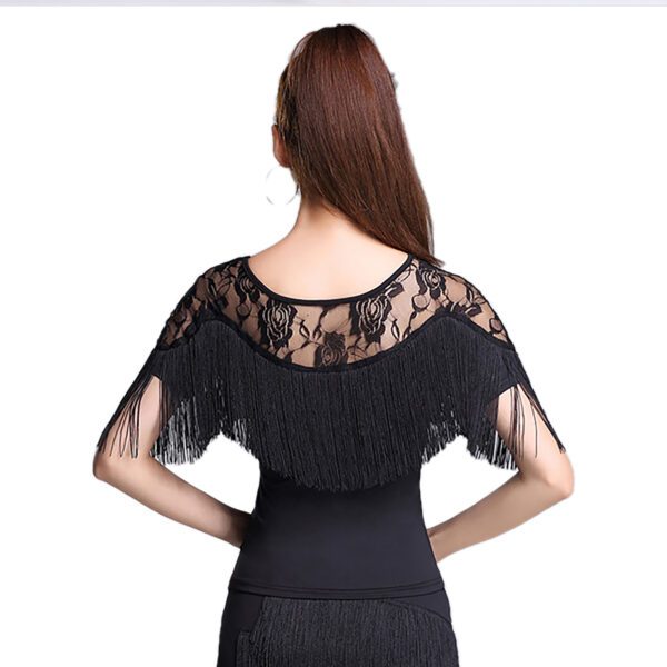 Whitewed Women'S Lace Yoke Boat Neck Fringed Bustline Latin Ballroom Dance Tops Shirt Short Sleeve - Image 4