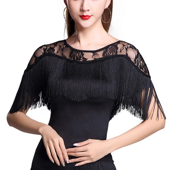 Whitewed Women'S Lace Yoke Boat Neck Fringed Bustline Latin Ballroom Dance Tops Shirt Short Sleeve - Image 5