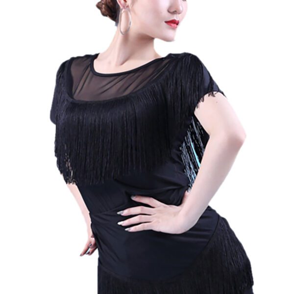 Whitewed Round Neck Mesh Yoke Fringed Bustline Latin Ballroom Dance Costumes Tops Short Sleeve