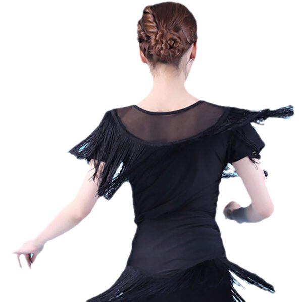 Whitewed Round Neck Mesh Yoke Fringed Bustline Latin Ballroom Dance Costumes Tops Short Sleeve - Image 2