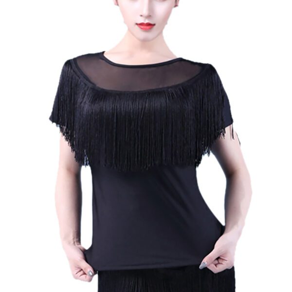 Whitewed Round Neck Mesh Yoke Fringed Bustline Latin Ballroom Dance Costumes Tops Short Sleeve - Image 3