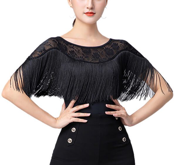 Whitewed Women'S Sheer Lace Yoke Fringe Short Sleeve Latin Ballroom Dance Bodysuit  With Snap Button Closure