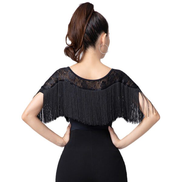 Whitewed Women'S Sheer Lace Yoke Fringe Short Sleeve Latin Ballroom Dance Bodysuit  With Snap Button Closure - Image 2