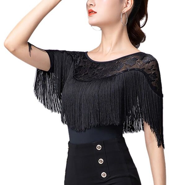 Whitewed Women'S Sheer Lace Yoke Fringe Short Sleeve Latin Ballroom Dance Bodysuit  With Snap Button Closure - Image 3