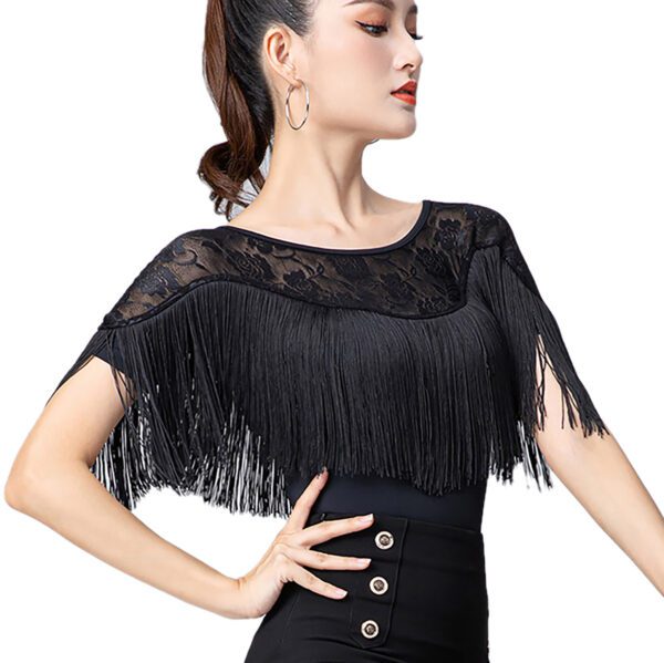 Whitewed Women'S Sheer Lace Yoke Fringe Short Sleeve Latin Ballroom Dance Bodysuit  With Snap Button Closure - Image 4