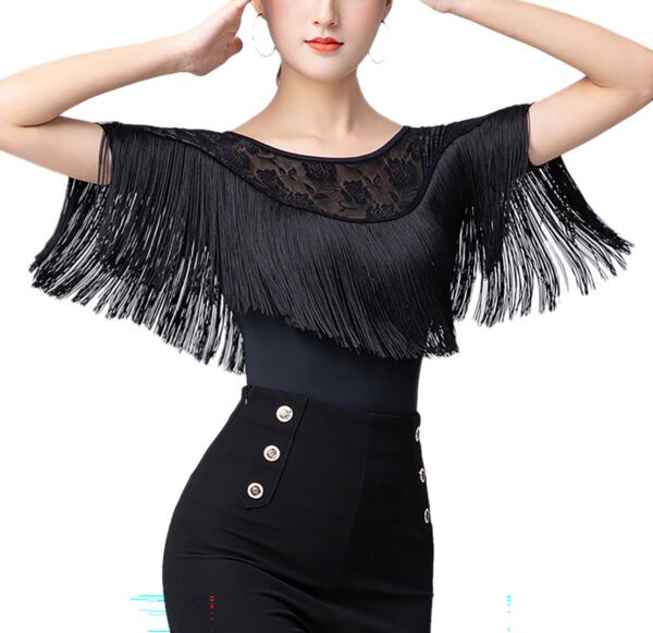 Whitewed Women'S Sheer Lace Yoke Fringe Short Sleeve Latin Ballroom Dance Bodysuit  With Snap Button Closure - Image 6