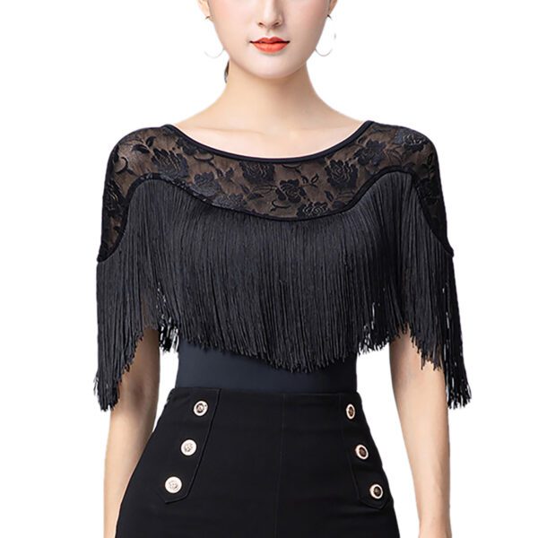 Whitewed Women'S Sheer Lace Yoke Fringe Short Sleeve Latin Ballroom Dance Bodysuit  With Snap Button Closure - Image 7