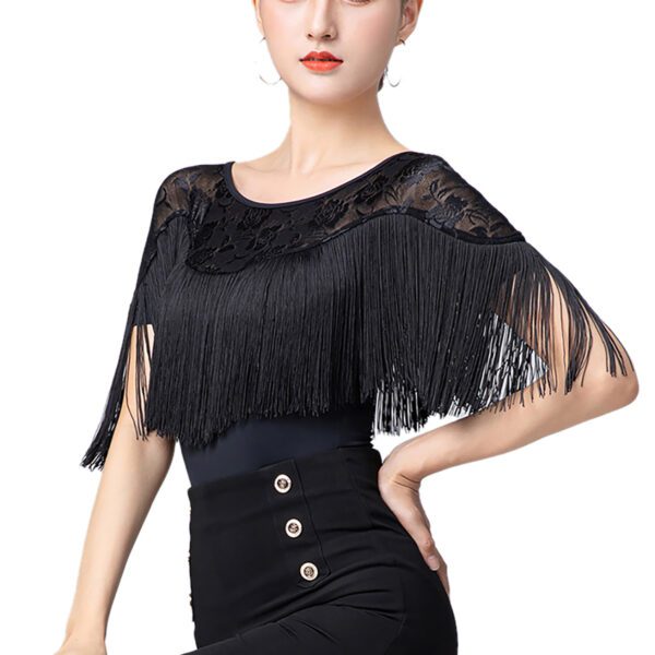 Whitewed Women'S Sheer Lace Yoke Fringe Short Sleeve Latin Ballroom Dance Bodysuit  With Snap Button Closure - Image 8