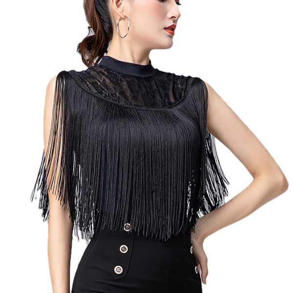 Whitewed Women'S High Collar Tank Lace Yoke Fringe Fitted Latin Dance Bodysuit Leotard Tops With Snap Button Closure - Image 4