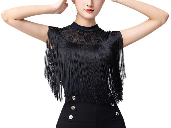 Whitewed Women'S High Collar Tank Lace Yoke Fringe Fitted Latin Dance Bodysuit Leotard Tops With Snap Button Closure - Image 7