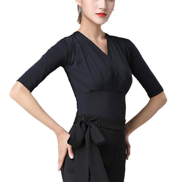 Whitewed Women'S Wrap V Cut Neck Latin Ballroom Dance Tops Ruched Bust Fitted With Sleeve - Image 11