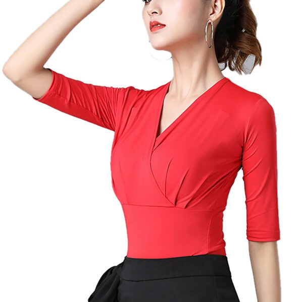 Whitewed Women'S Wrap V Cut Neck Latin Ballroom Dance Tops Ruched Bust Fitted With Sleeve - Image 13