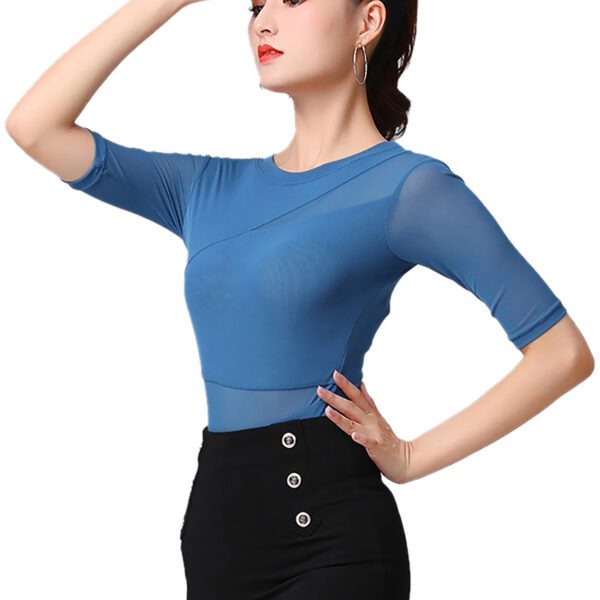 Whitewed Round Neck Mesh Insert Half Sleeve Latin Dance Practice Performance Bodysuits With Snap Button Closure - Image 3