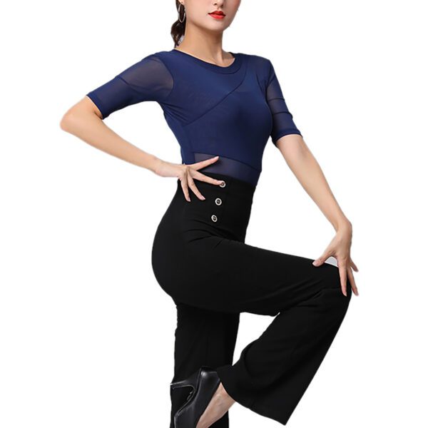 Whitewed Round Neck Mesh Insert Half Sleeve Latin Dance Practice Performance Bodysuits With Snap Button Closure - Image 4