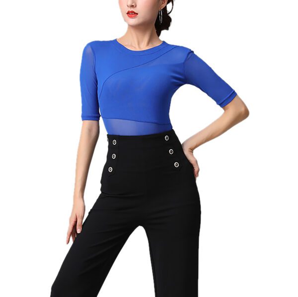 Whitewed Round Neck Mesh Insert Half Sleeve Latin Dance Practice Performance Bodysuits With Snap Button Closure - Image 11