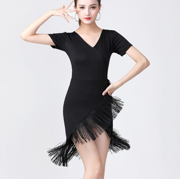 Salsa Ballroom Line Dance Lessons Practice Competition Dresses Attire Costumes V Neck Short Sleeve Fringe - Image 4