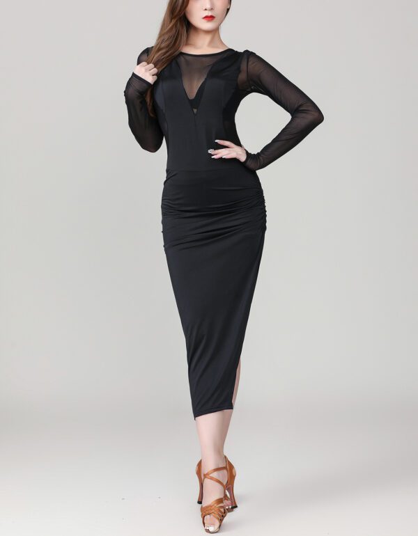 Sheer Mesh Split Long Sleeve Long Latin Dance Practice Performance Dresses - Image 4