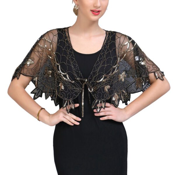 Womens Front Tie Sheer Sequin Beaded 20S Capelet Cover Up Shawl Wrap