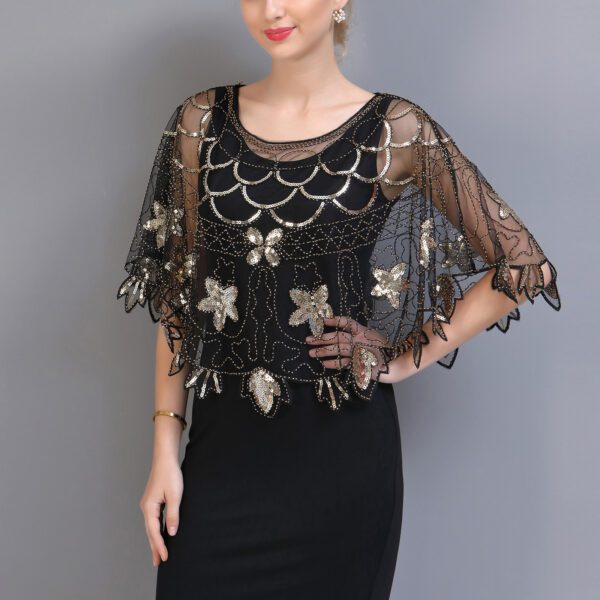 Womens Sequin Mesh Sheer Tops Shrug Bolero Shawl Coverup Cape Poncho - Image 2