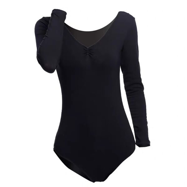 Whitewed Adult Women's Long Sleeve Cotton Gathered Front Cotton Dance Bodysuit Leotard - Image 2