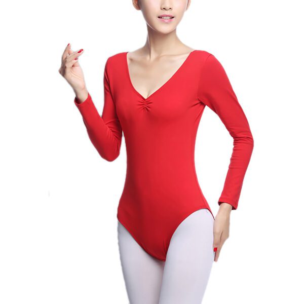 Whitewed Adult Women's Long Sleeve Cotton Gathered Front Cotton Dance Bodysuit Leotard - Image 10