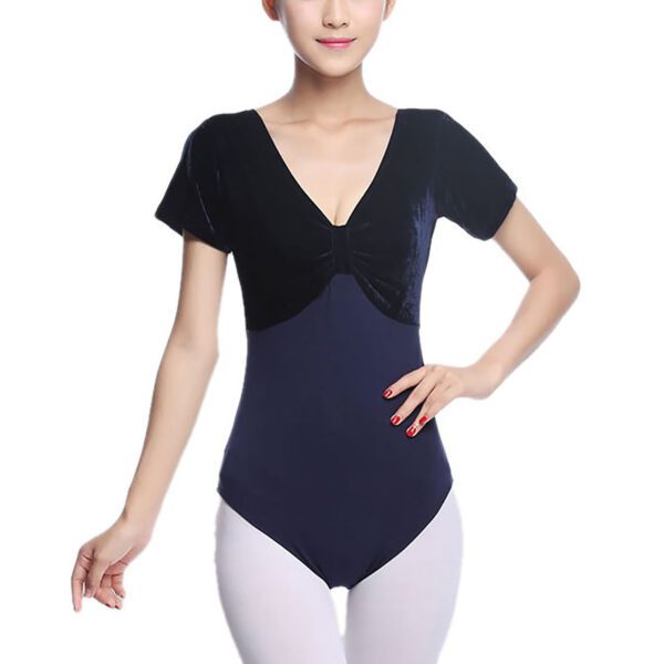 Whitewed Women's Velvet Short Sleeve Leotard Bodysuit with A Gathered Bow Design Front - Image 2