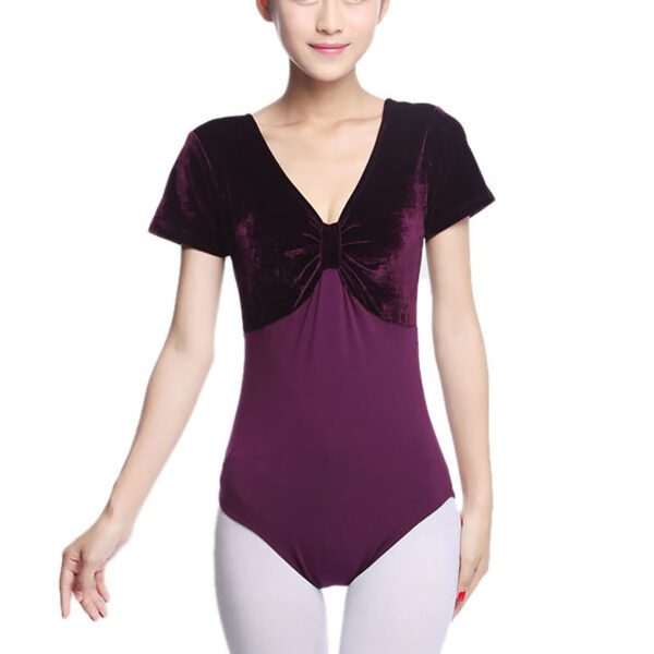 Whitewed Women's Velvet Short Sleeve Leotard Bodysuit with A Gathered Bow Design Front - Image 9