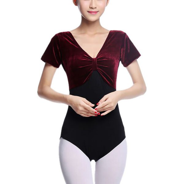 Whitewed Women's Velvet Short Sleeve Leotard Bodysuit with A Gathered Bow Design Front - Image 11