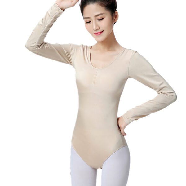 Whitewed Women's Gathered Front Long Sleeve Nude Skin Tone Dance Leotard Bodysuit - Image 3