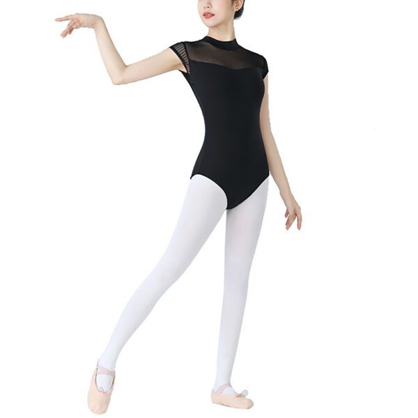 Whitewed Women's Adult Mock Turtleneck Leotard Keyhole Cut Out Back Mesh Transparent Yoke Cap Sleeve - Image 3