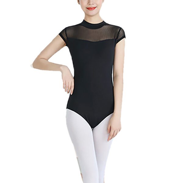 Whitewed Women's Adult Mock Turtleneck Leotard Keyhole Cut Out Back Mesh Transparent Yoke Cap Sleeve - Image 5